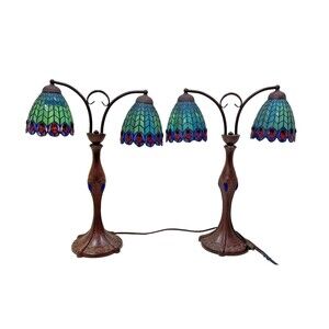 Meyda Tiffany Peacock Feather Stained Glass Dual Bulb Table Lamps – Pair, Used